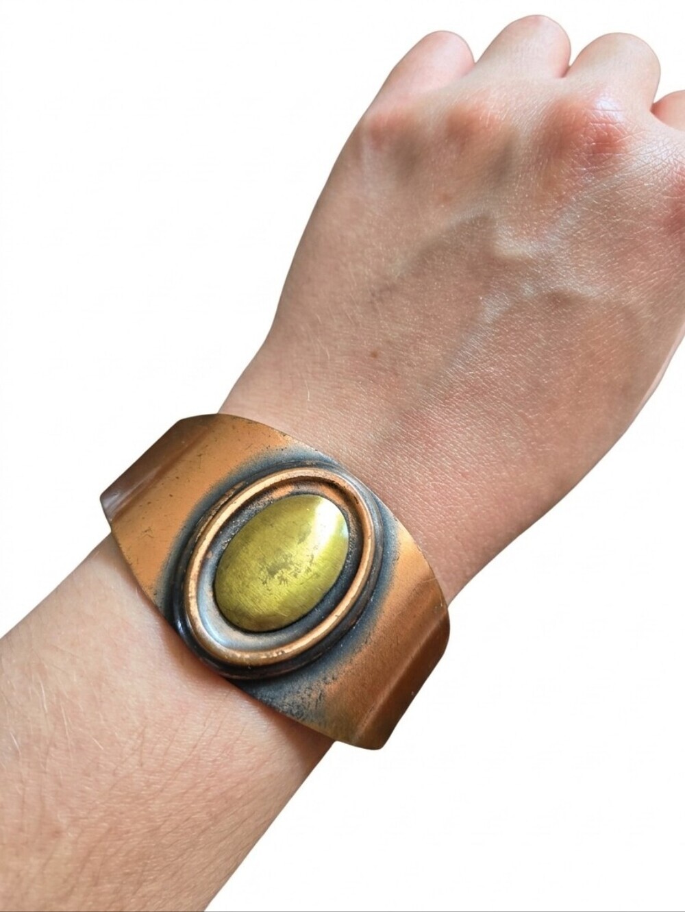 Vintage MCM Pure Copper Wide Cuff Bracelet Mixed Metal Brass Brutalist Taxco Sty